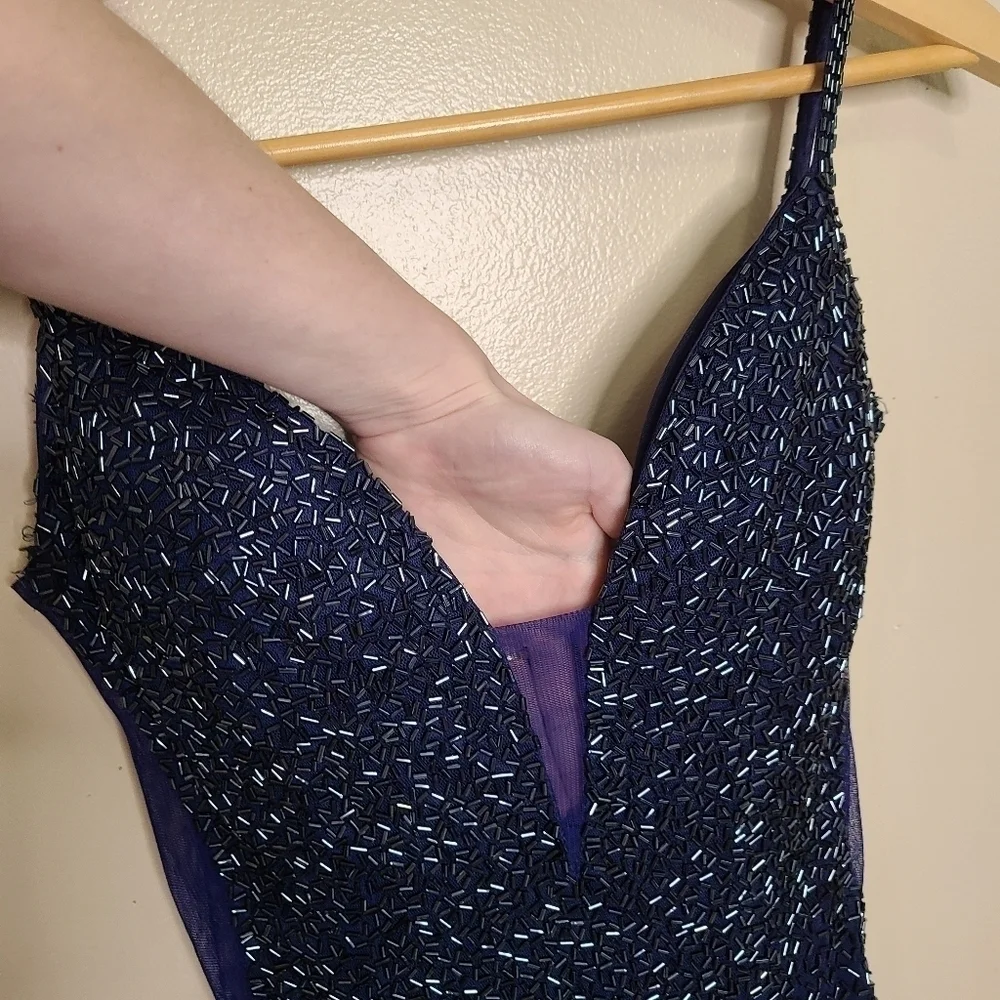 PromGirl Navy Fully Beaded Plunge Neckline Open Back Sleeveless Gown